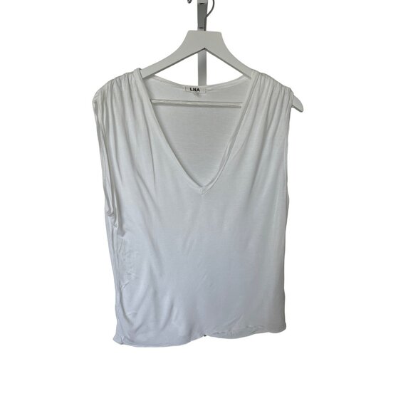 LNA White Sleeveless V-Neck Tank Top Ruched Shoulder Detail - Picture 5 of 7